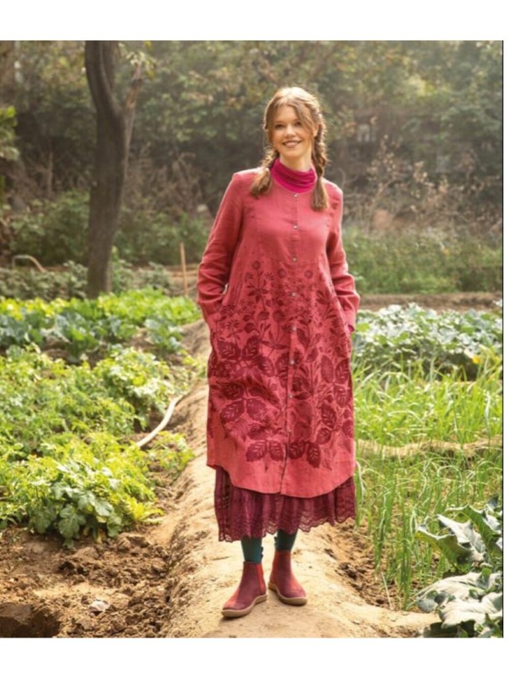 L Large XL Gudrun Sjoden Autumn Lush Garden Rust Red Floral Linen Dress